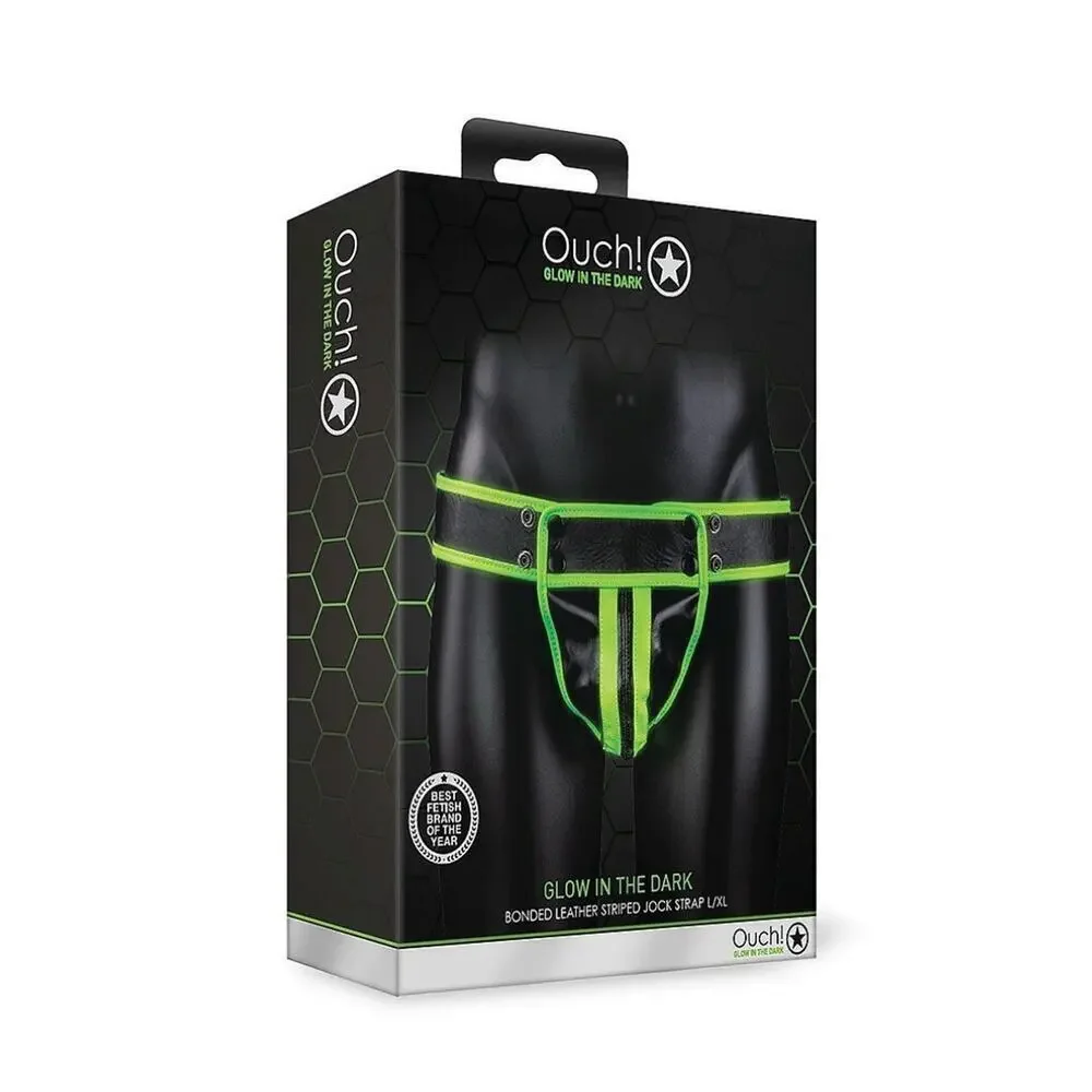 🦋B2G1🦋OUCH! Glow in the Dark NEON GREEN Bonded Leather Striped JOCK STRAP | L/XL